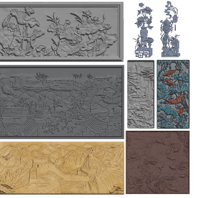  中式浮雕景墙 石雕 砖雕 壁刻画 雕花su模型下载 