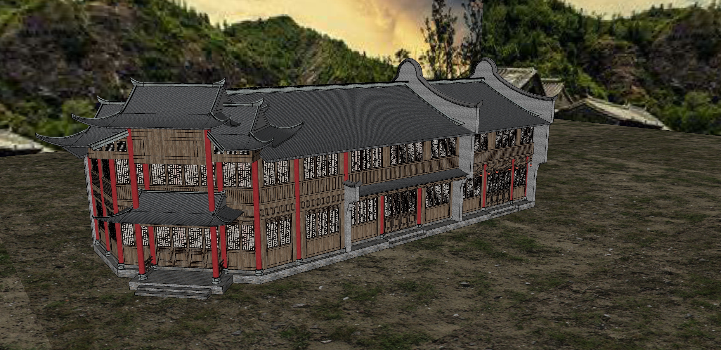  影视古建徽派江南茶楼民房沿街楼度假村度假村su模型下载 