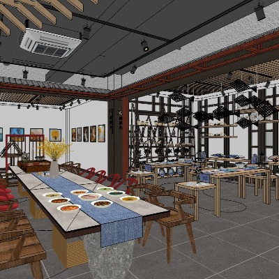  新中式主题餐厅su模型下载 