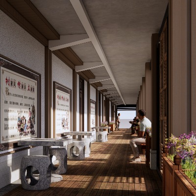  新中式社区连廊走廊su模型下载 