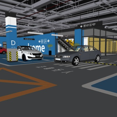  现代停车场地下车库su模型下载 