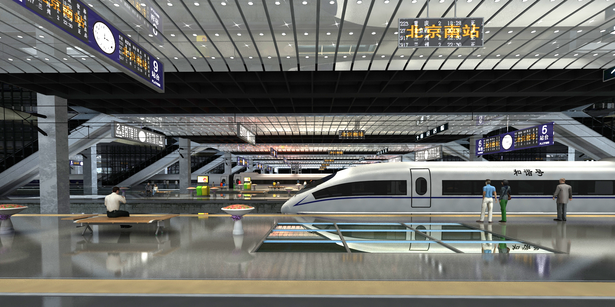  现代高铁站 高铁月台 火车车站 高铁站台 候车厅su模型下载 