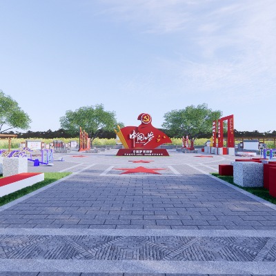  中式党建文化广场su模型下载 