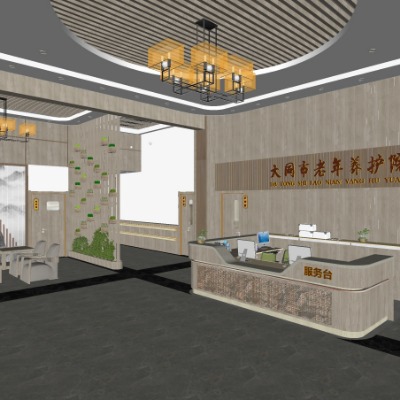  新中式养老院大厅su模型下载 