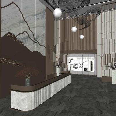  新中式办公大厅su模型下载 