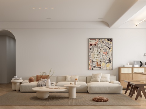  现代极简奶油客餐厅3d模型 