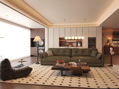  中古风格客餐厅3d模型 