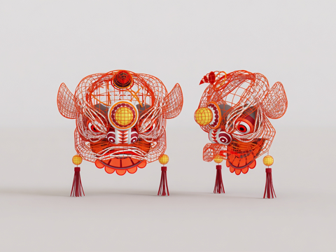  中国风装饰摆件 镂空舞狮 线框结构狮子头 节日庆典 春节su模型 