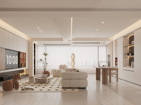  奶油风客餐厅 奶油风沙发 挂画 餐桌椅 落地灯 书柜 书桌3d模型 