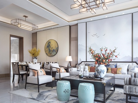 新中式大平层 样板间 最新全套施工图 效果图合集cad施工图