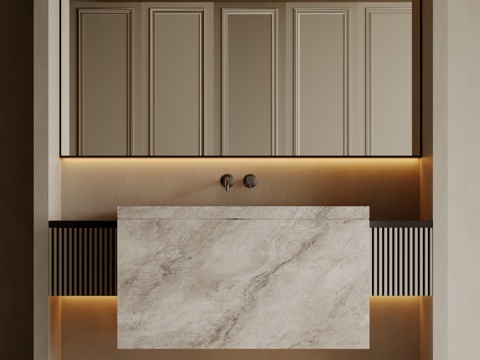 现代极简洗手台 中古浴室柜 台盆柜 装饰品摆件 镜子 卫生间su模型