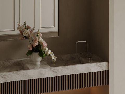 现代极简洗手台 中古浴室柜 台盆柜 装饰品摆件 镜子 卫生间su模型