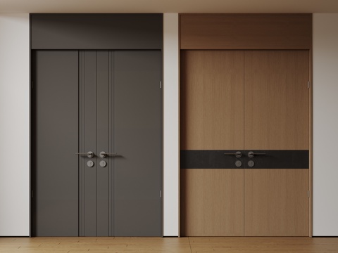 现代极简双开门 中古平开门 入户门 防盗门 通顶对开门 别墅su模型