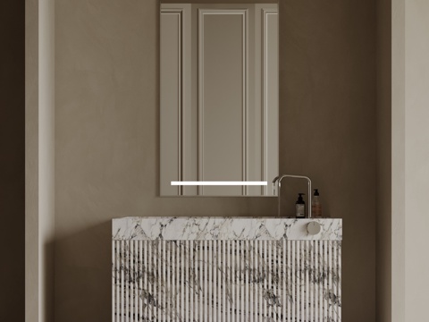  现代极简洗手台 中古浴室柜 台盆柜 装饰品摆件 镜子 卫生间su模型 