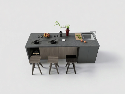 厨房岛台 开放式厨房吧台 厨房中岛 高脚凳吧台凳 餐具果盘花su模型