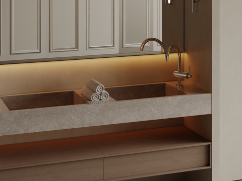 现代极简洗手台 中古浴室柜 台盆柜 装饰品摆件 镜子 卫生间su模型