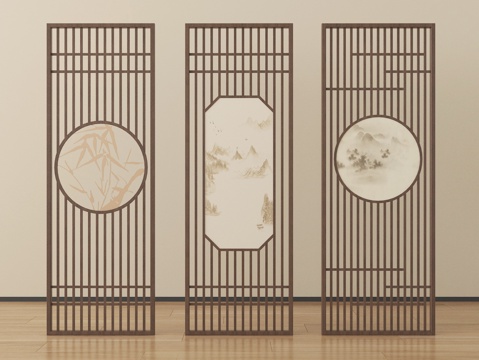  新中式屏风隔断 格栅屏风隔断3d模型 