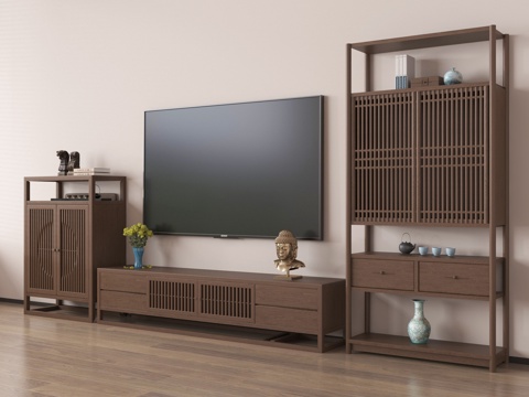  新中式电视柜 电视 博古架 置物架 饰品摆件3d模型 