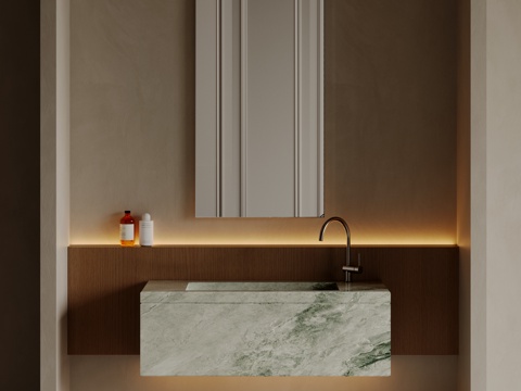  现代极简洗手台 中古浴室柜 台盆柜 装饰品摆件 镜子 卫生间3d模型 