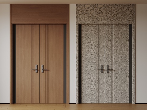  现代极简双开门 中古平开门 入户门 防盗门 通顶对开门 别墅3d模型 