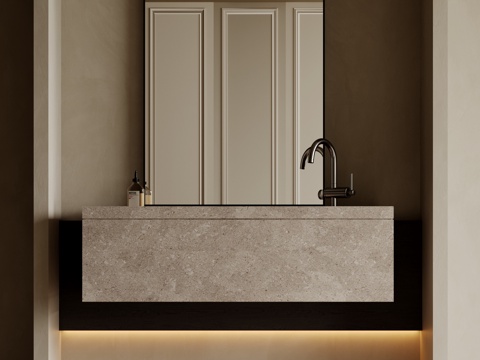  现代极简洗手台 中古浴室柜 台盆柜 装饰品摆件 镜子 卫生间su模型 