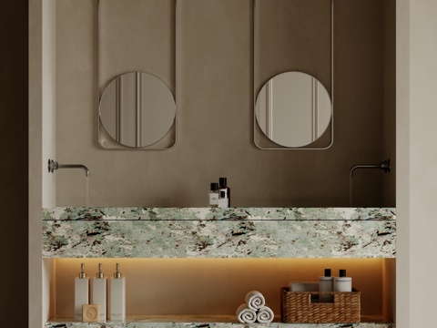  现代极简洗手台 中古浴室柜 台盆柜 装饰品摆件 镜子 卫生间su模型 