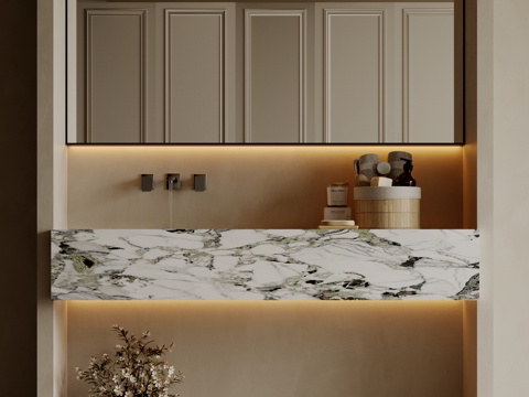 现代极简洗手台 中古浴室柜 台盆柜 装饰品摆件 镜子 卫生间su模型