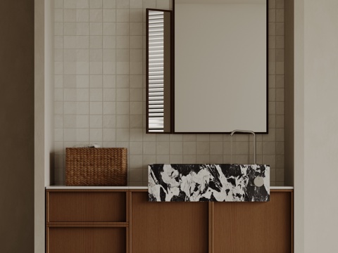 现代极简洗手台 中古浴室柜 台盆柜 装饰品摆件 镜子 卫生间su模型