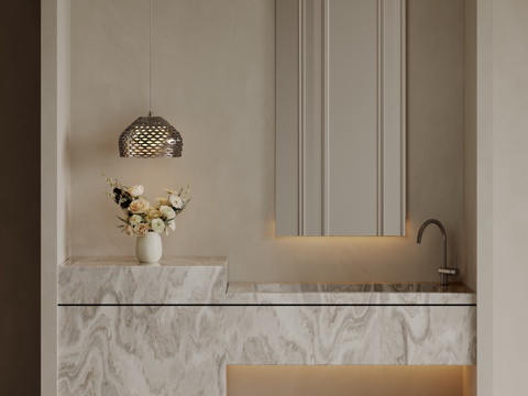  现代极简洗手台 中古浴室柜 台盆柜 装饰品摆件 镜子 卫生间3d模型 