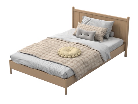  现代原木风单人床 床品3d模型 