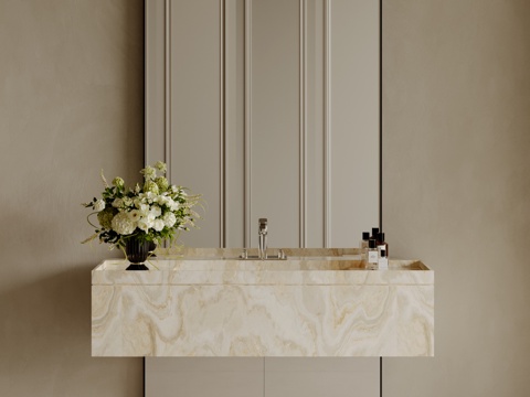 现代极简洗手台 中古浴室柜 台盆柜 装饰品摆件 镜子 卫生间su模型