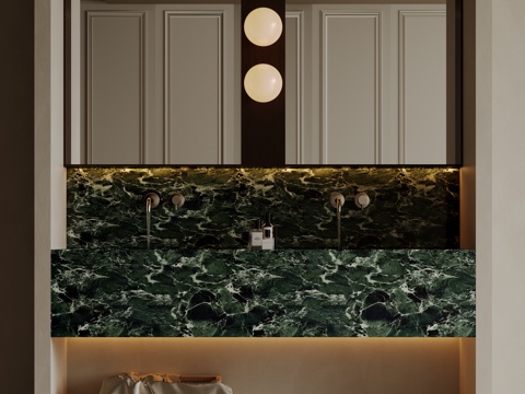  现代极简洗手台 中古浴室柜 台盆柜 装饰品摆件 镜子 卫生间3d模型 