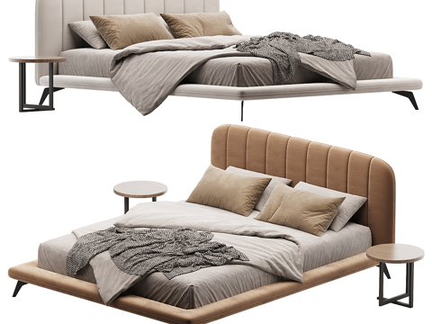  现代奶油风布艺双人床3d模型 