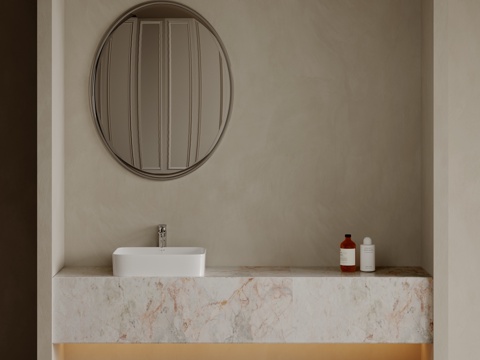  现代极简洗手台 中古浴室柜 台盆柜 装饰品摆件 镜子 卫生间3d模型 