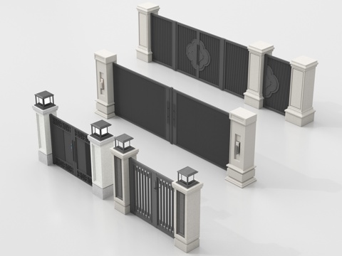  新中式庭院门 围墙 别墅大门 别墅庭院门 庭院铁门3d模型 