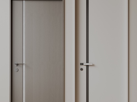  现代极简单开门 中古房间门 卧室门 平板门 实木门 平开门su模型 