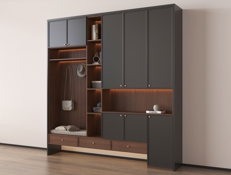 法式玄关鞋柜 高柜 木材 换鞋凳su模型