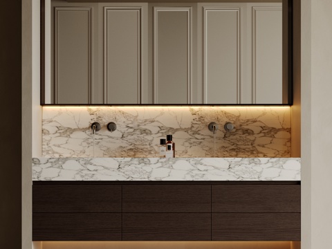  现代极简洗手台 中古浴室柜 台盆柜 装饰品摆件 镜子 卫生间su模型 