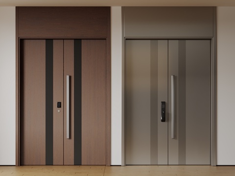  现代极简双开门 中古平开门 入户门 防盗门 通顶对开门 别墅su模型 