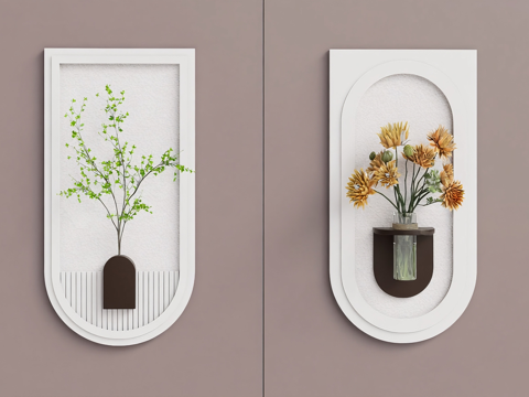  现代简约墙面装饰 拱形画框 仿真植物  干花瓶花 玻璃花瓶su模型 