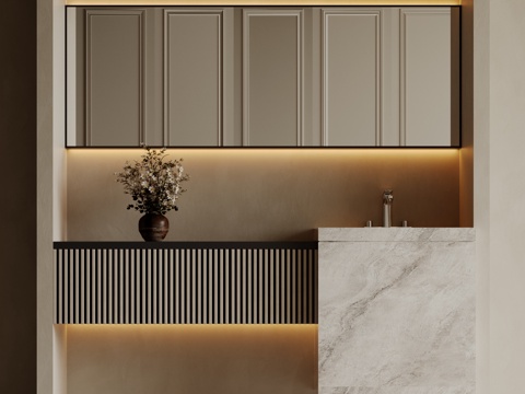 现代极简洗手台 中古浴室柜 台盆柜 装饰品摆件 镜子 卫生间su模型