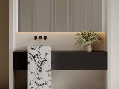 现代极简洗手台 中古浴室柜 台盆柜 装饰品摆件 镜子 卫生间su模型