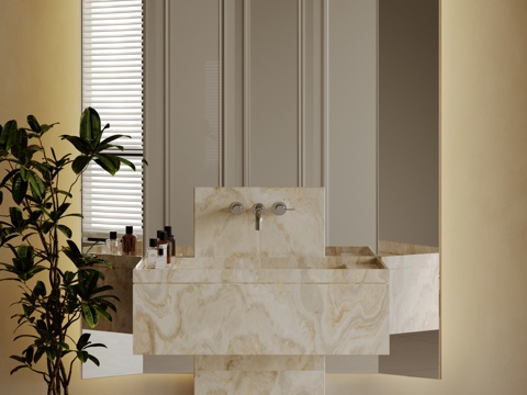 现代极简洗手台 中古浴室柜 台盆柜 装饰品摆件 镜子 卫生间su模型