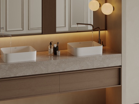 现代极简洗手台 中古浴室柜 台盆柜 装饰品摆件 镜子 卫生间su模型