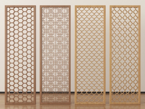 新中式屏风隔断 花格屏风隔断su模型