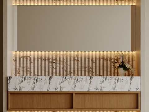  现代极简洗手台 中古浴室柜 台盆柜 装饰品摆件 镜子 卫生间su模型 