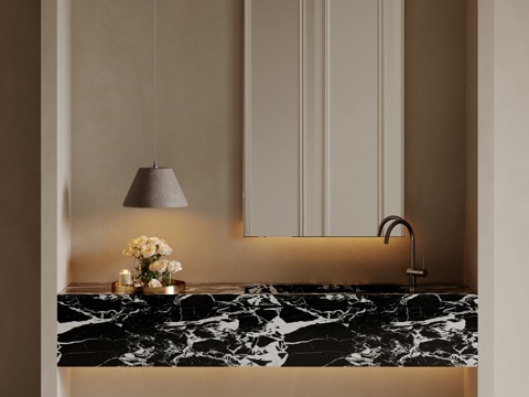 现代极简洗手台 中古浴室柜 台盆柜 装饰品摆件 镜子 卫生间su模型