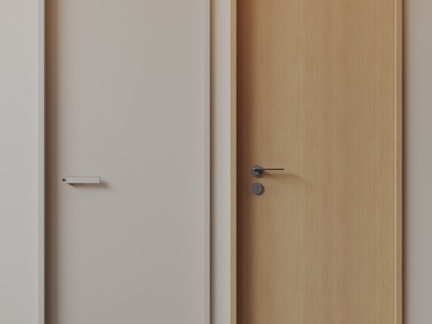  现代极简单开门 中古房间门 卧室门 平板门 实木门 平开门su模型 