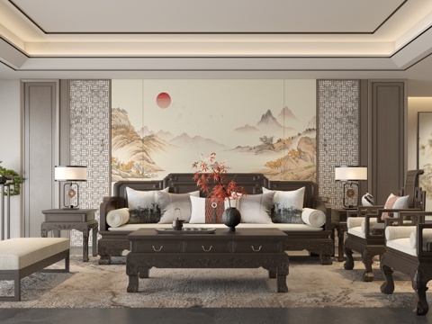 新中式客厅 沙发 实木沙发 中式沙发su模型