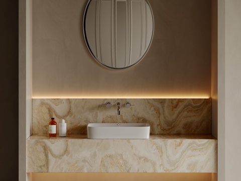 现代极简洗手台 中古浴室柜 台盆柜 装饰品摆件 镜子 卫生间su模型